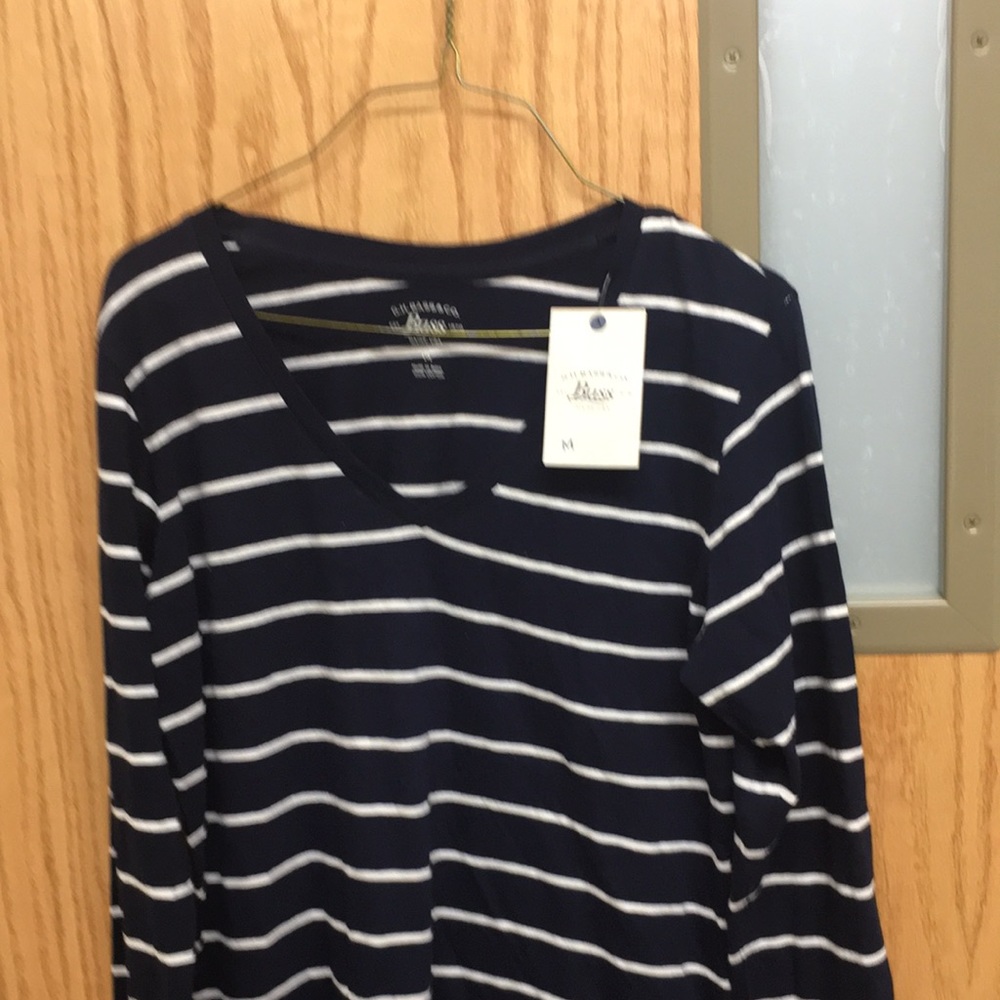 Bass Cadet Navy and White striped shirt, long sleeves, v-neck.